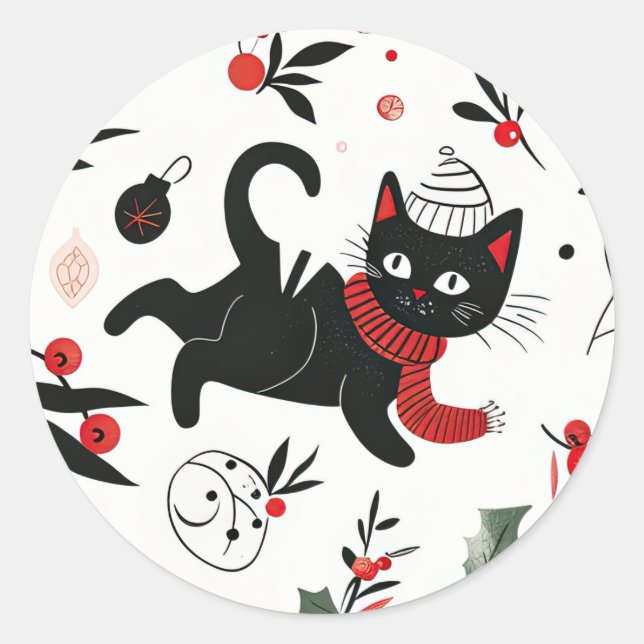 Sticker Rond Noël de chat noir rétro (Devant)