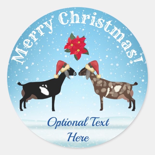 Sticker Rond Noël de chèvre laitière nubienne dans la neige (Devant)
