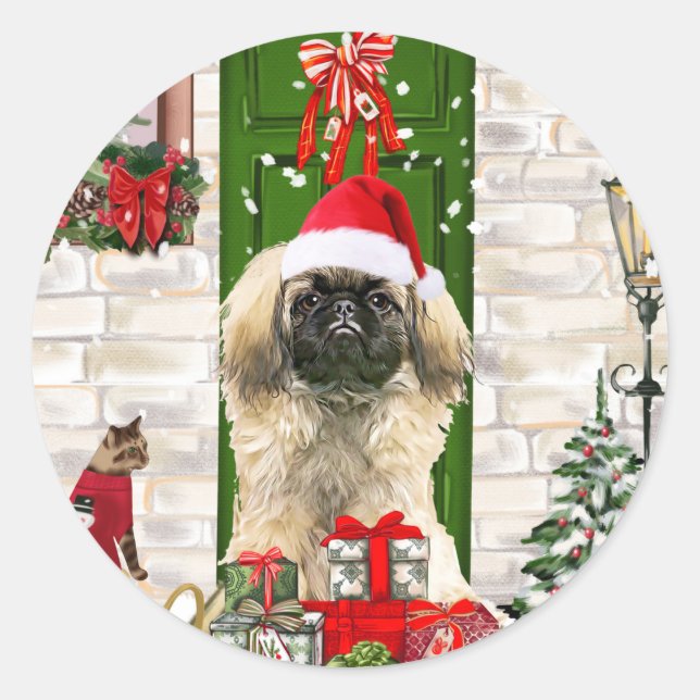 Sticker Rond Noël de chien de Pékin (Devant)