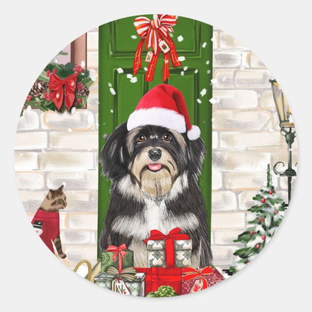 Sticker Rond Noël de chien Havanais (Devant)