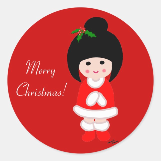 Sticker Rond Noël de la fille Kokeshi en rouge (Devant)