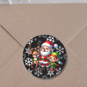 Sticker Rond Noël de la mignonne Chibi Père Noël, Elfe et Renne