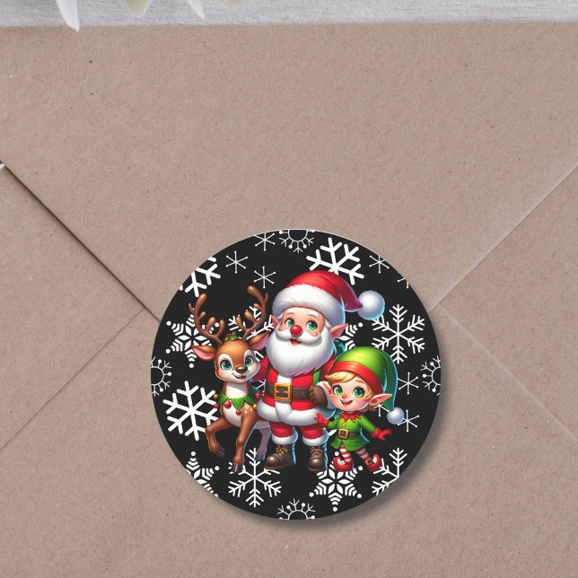 Sticker Rond Noël de la mignonne Chibi Père Noël, Elfe et Renne (Créateur téléchargé)