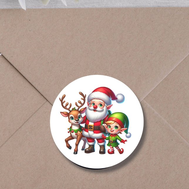 Sticker Rond Noël de la mignonne Chibi Père Noël, Elfe et Renne (Créateur téléchargé)