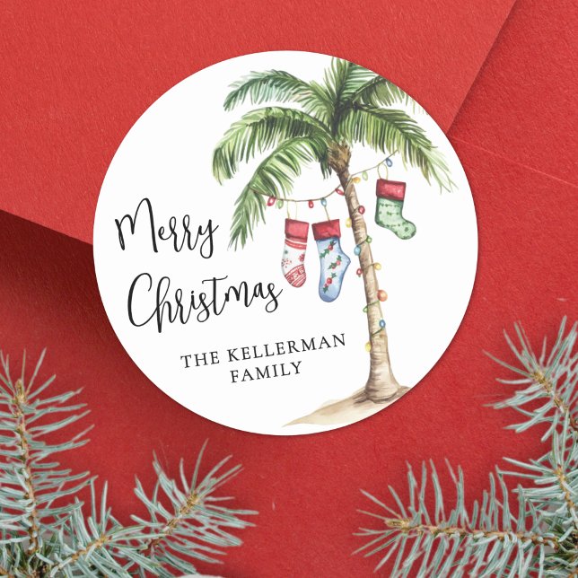 Sticker Rond Noël de plage (Tropical Beach Christmas Classic Round Sticker)
