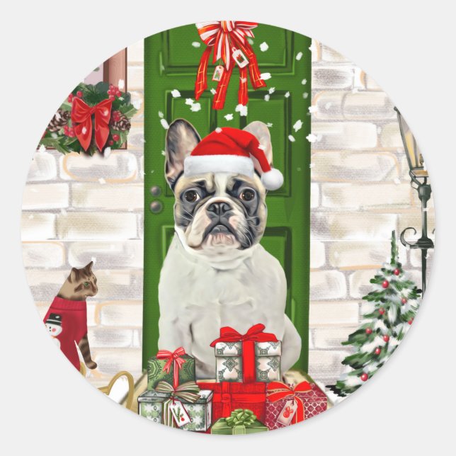 Sticker Rond Noël des Bulldog français (Devant)