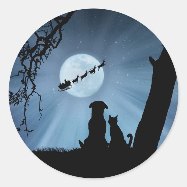 Sticker Rond Noël des Fêtes de Chien et Chat Super Cute (Devant)