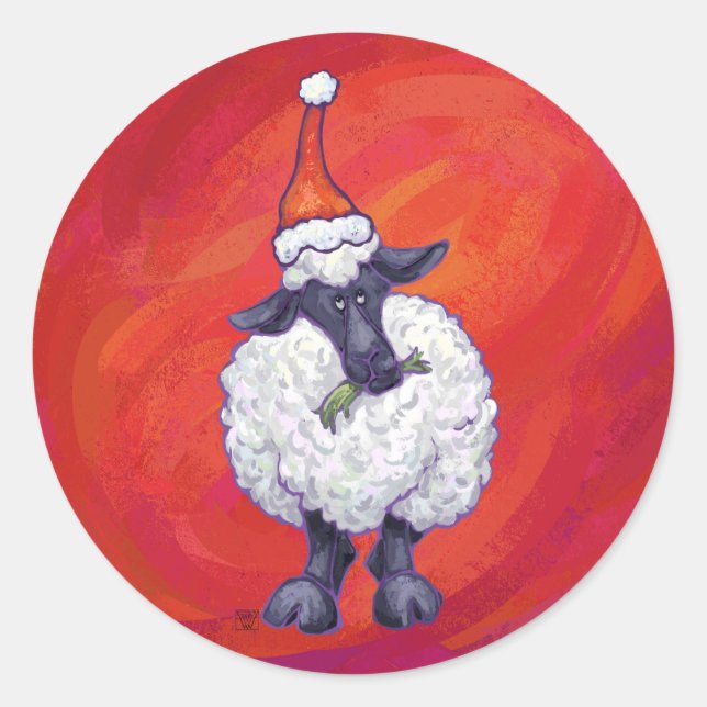 Sticker Rond Noël des moutons sur rouge (Devant)