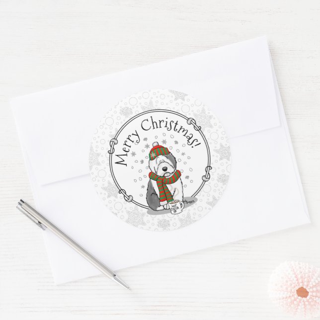 Sticker Rond Noël d'hiver Vieux anglais Chien de mouton gris 1  (Enveloppe)