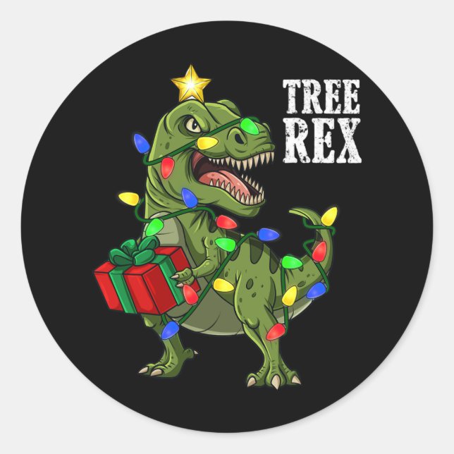 Sticker Rond Noël Dinosaure Arbre Rex Garçons Filles Enfants Xm (Devant)