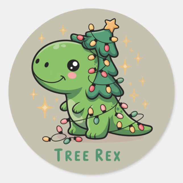 Sticker Rond Noël Dinosaure Fête Lumière Drôle Arbre Rex (Devant)