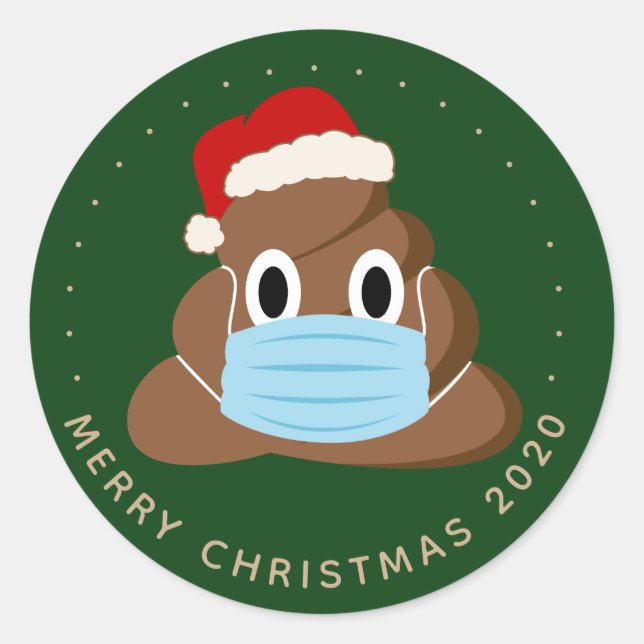Sticker Rond Noël drôle 2020Poop Emoji porter un masque (Devant)