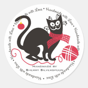 Sticker Rond Noël drôle de crochet de tricot de fil de chat