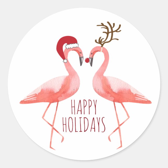 Sticker Rond Noël drôle flamants roses couple père Noël et rudo (Devant)