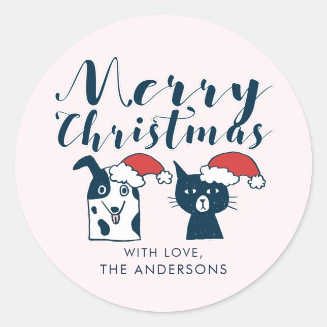 Sticker Rond Noël du chat et chien de Père Noël (Devant)