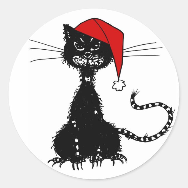 Sticker Rond Noël du chat noir malin (Devant)