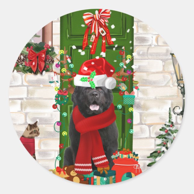 Sticker Rond Noël du chien de Terre-Neuve (Devant)