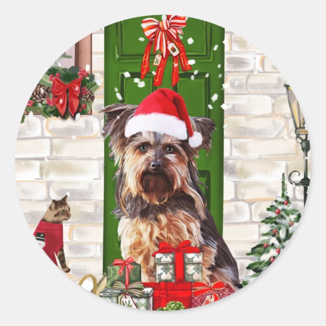Sticker Rond Noël du chien Yorkie (Devant)