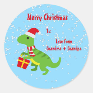 Sticker Rond Noël du mignon Dinosaur TRex Blue Kids
