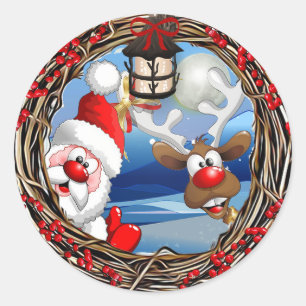 Sticker Rond Noël du père noël et de renne