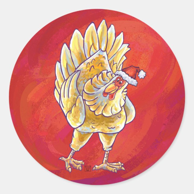 Sticker Rond Noël Du Poulet Sur Rouge (Devant)