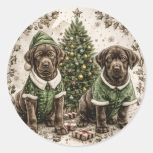 Sticker Rond Noel Elf Labrador Retriever Puppy