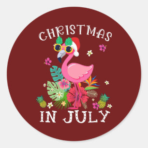 Sticker Rond Noël En Juillet Flamant rose Rose Hawaii Funny