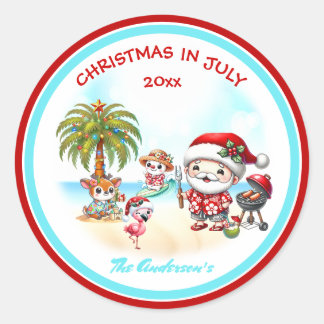 Sticker Rond Noël En Juillet Joli Père Noël Tropical Été