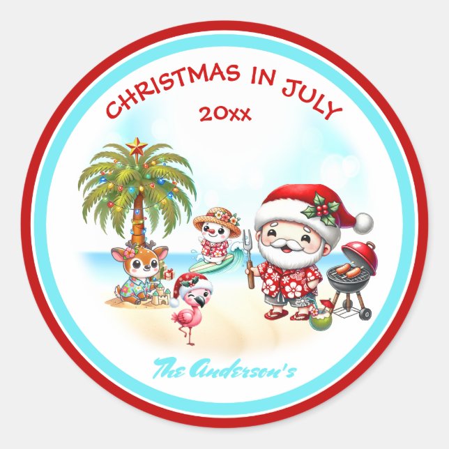 Sticker Rond Noël En Juillet Joli Père Noël Tropical Été (Devant)