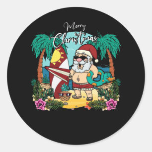 Sticker Rond Noël en juillet Père Noël Hawaiian Surfing Summer