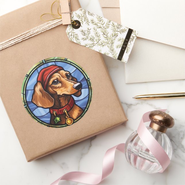 Sticker Rond Noël en verre teint Dachshund (Cadeaux)