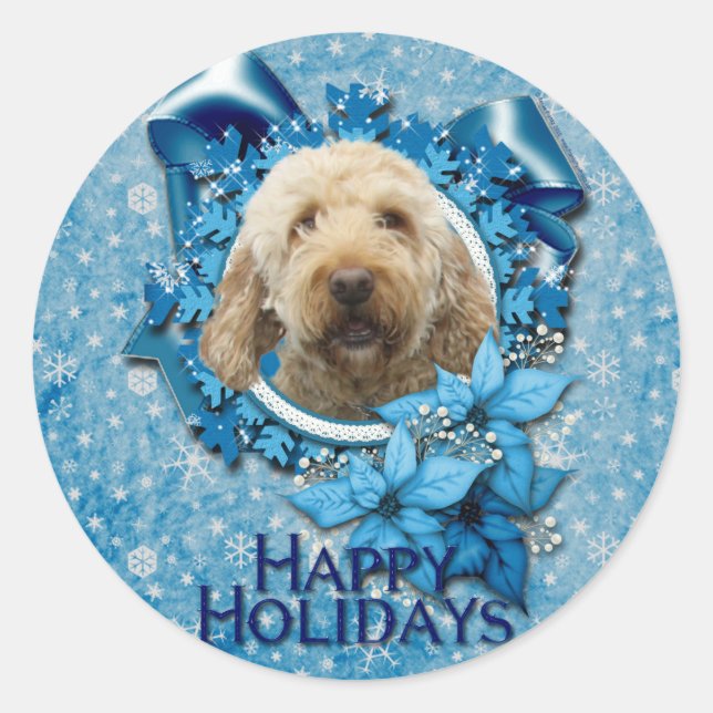 Sticker Rond Noël - Flocon de neige bleu - Goldendoodle (Devant)