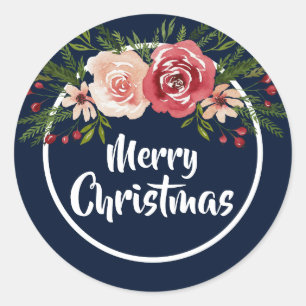 Sticker Rond Noël floral d'hiver d'aquarelle de bleu marine