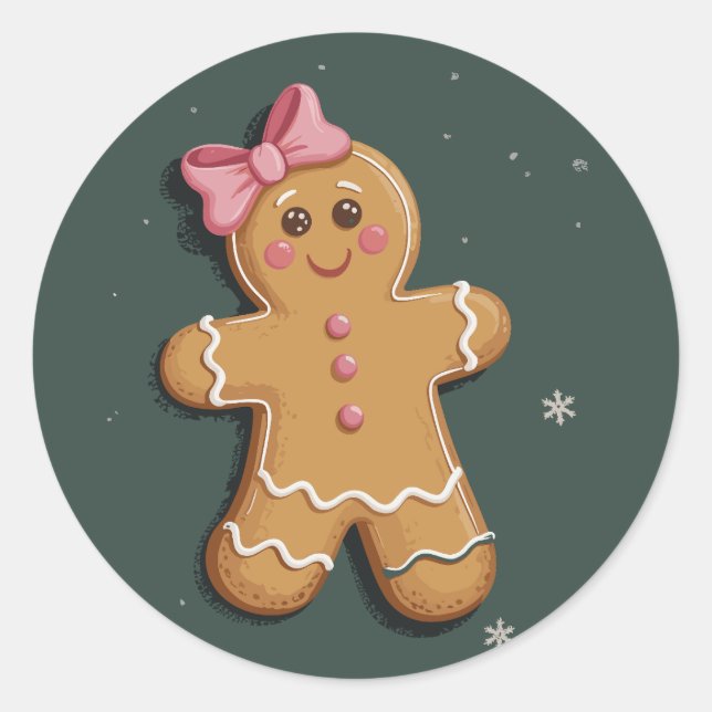 Sticker Rond Noël Gingerbread Girl Pink Bow Coquette (Devant)