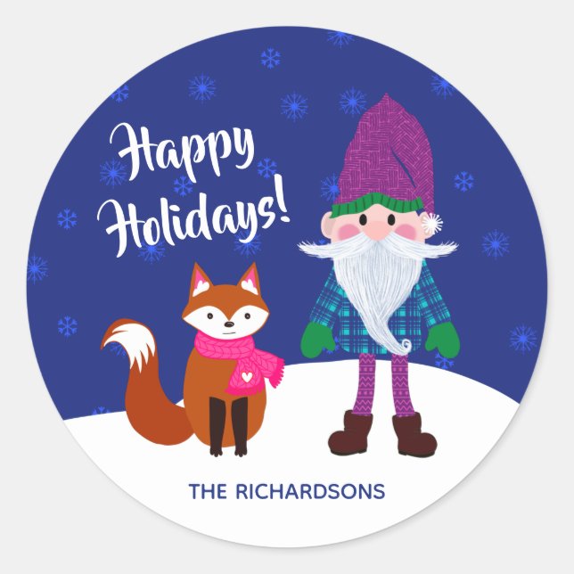 Sticker Rond Noël Gnome Fox Snowflakes Midnight Blue (Devant)