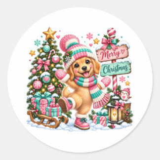 Sticker Rond Noël Golden Retriever