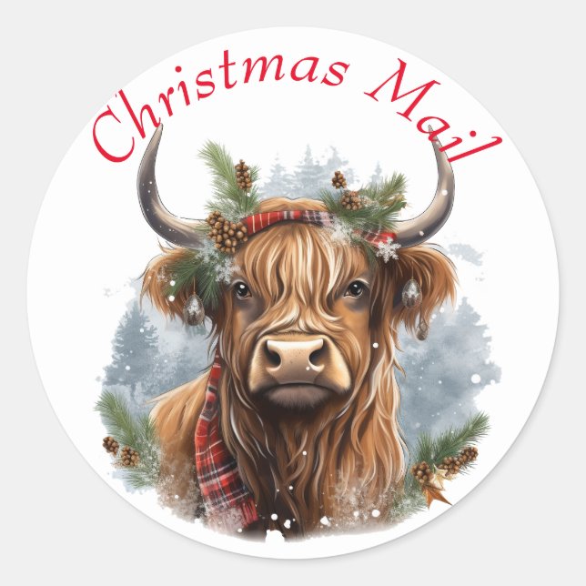 Sticker Rond Noël Highlander Cow Cute (Devant)