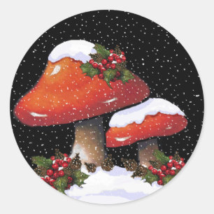 Sticker Rond Noël Holly Avec Champignons Rouges, Neige
