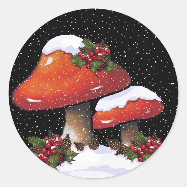 Sticker Rond Noël Holly Avec Champignons Rouges, Neige (Devant)