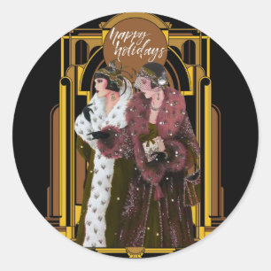 Sticker Rond Noël Joyeuses Fêtes Art Déco Rétro Dames