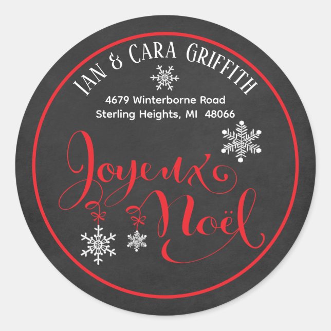 Sticker Rond Noël Joyeux Noel Flocon de neige Rouge Retour Adre (Devant)