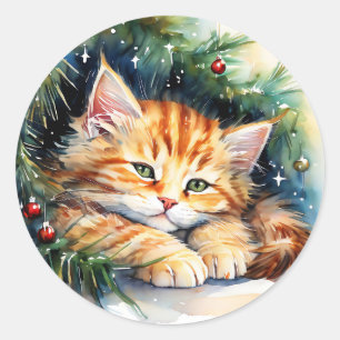 Sticker Rond Noël Kitten Napping sous l'arbre