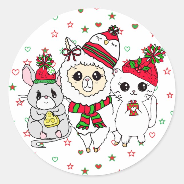 Sticker Rond Noël Llama, Kitten et Souris (Devant)