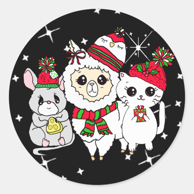 Sticker Rond Noël Llama, Kitten et Souris (Devant)