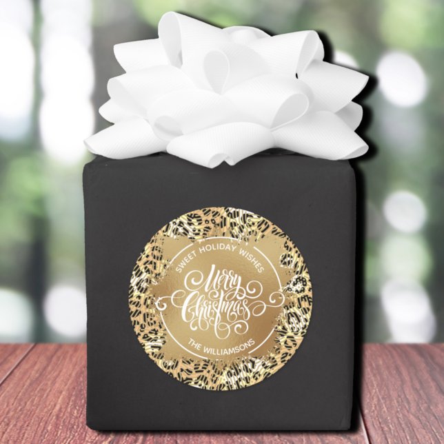 Sticker Rond Noël Maison de vacances Cuisine Leopard (Merry Christmas on gold sweet holiday wishes homemade stickers on leopard print)