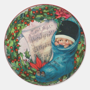 Sticker Rond Noël mignon Enfants Vintages Stocking