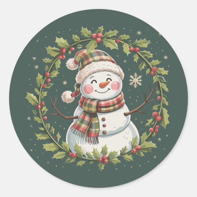 Sticker Rond Noël Mignonne Snowman hiver Saison Vacances (Devant)
