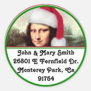Sticker Rond Noël Mona Lisa avec chapeau de Santa