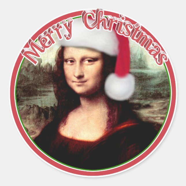 Sticker Rond Noël Mona Lisa avec chapeau de Santa (Devant)