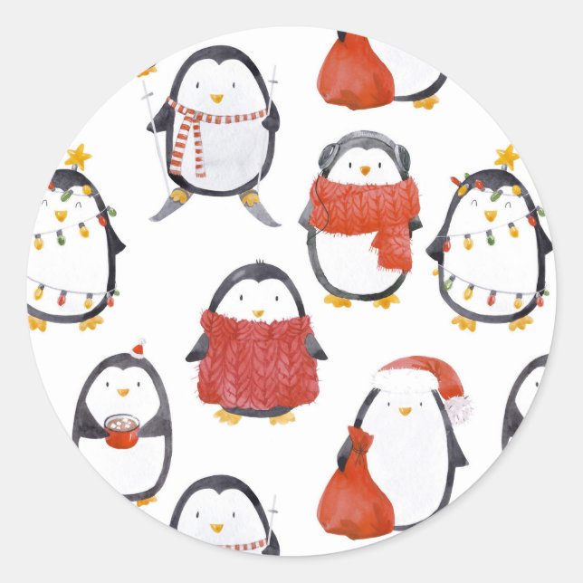 Sticker Rond Noël Motif des pingouins festifs mignons (Devant)